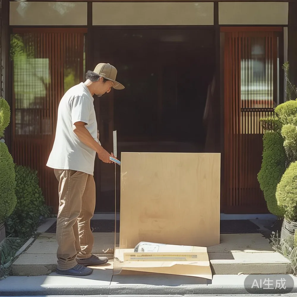 大阪の戸建て玄関前で搬入幅を確認する無垢材ソファ