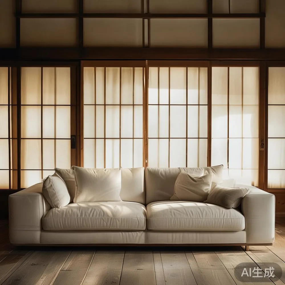 スタイリッシュな日本の家の中の現代的なラグジュアリーソファの写真
