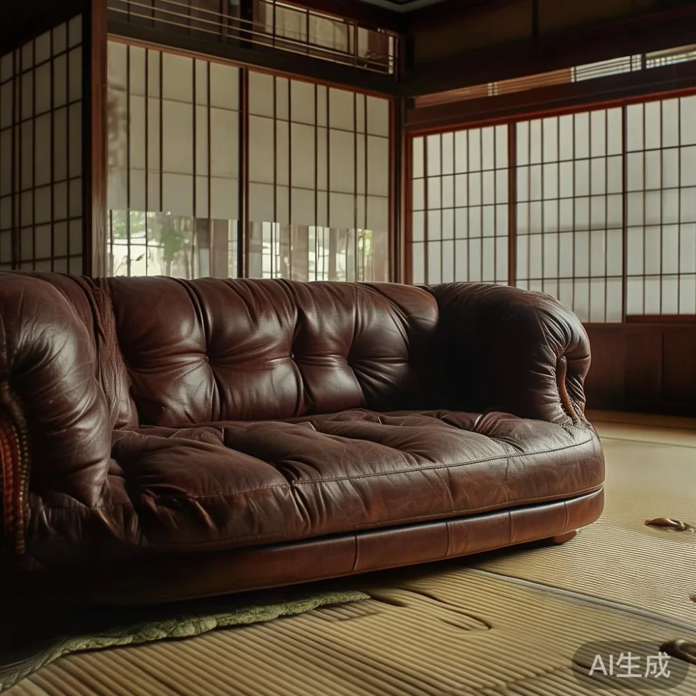 伝統的な日本の畳部屋で見られる豪華なレザーソファ