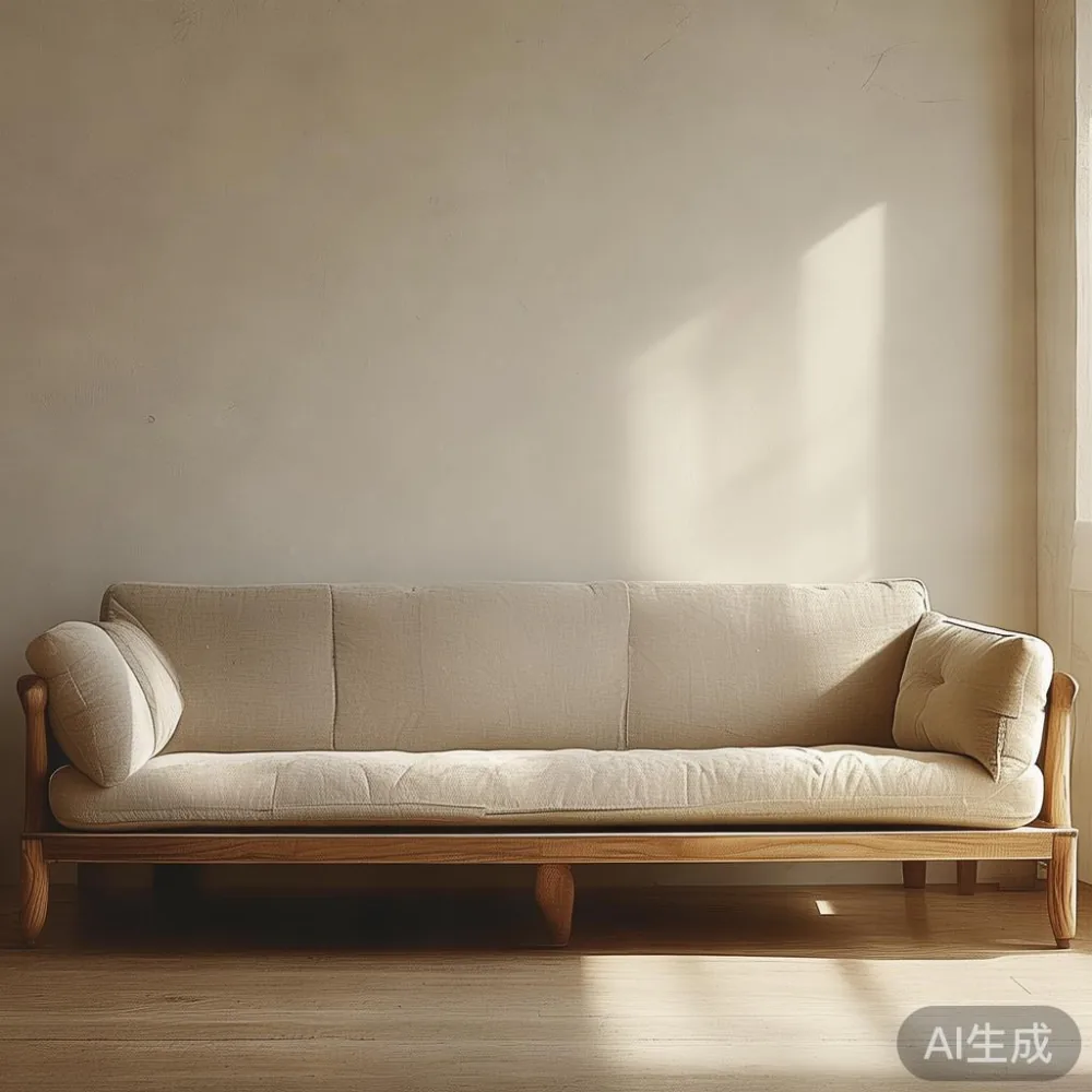 狭い部屋でも狭く見せない、無垢材ソファを中心としたスタイリング術 — staged against a plain wall with a linen sofa ne